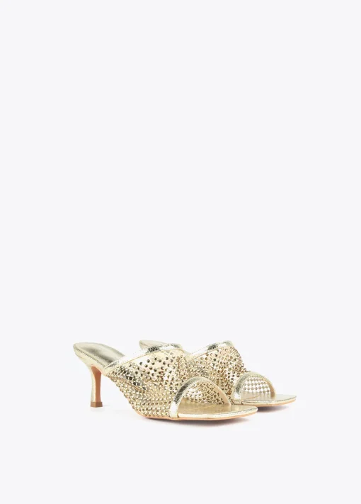 Sandalia de tacón y malla de strass
