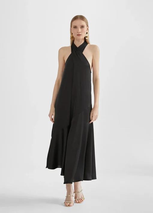 Vestido midi cuello halter cruzado