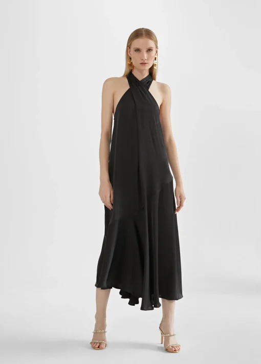 Vestido midi cuello halter cruzado