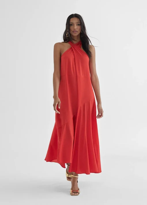 Vestido midi cuello halter cruzado